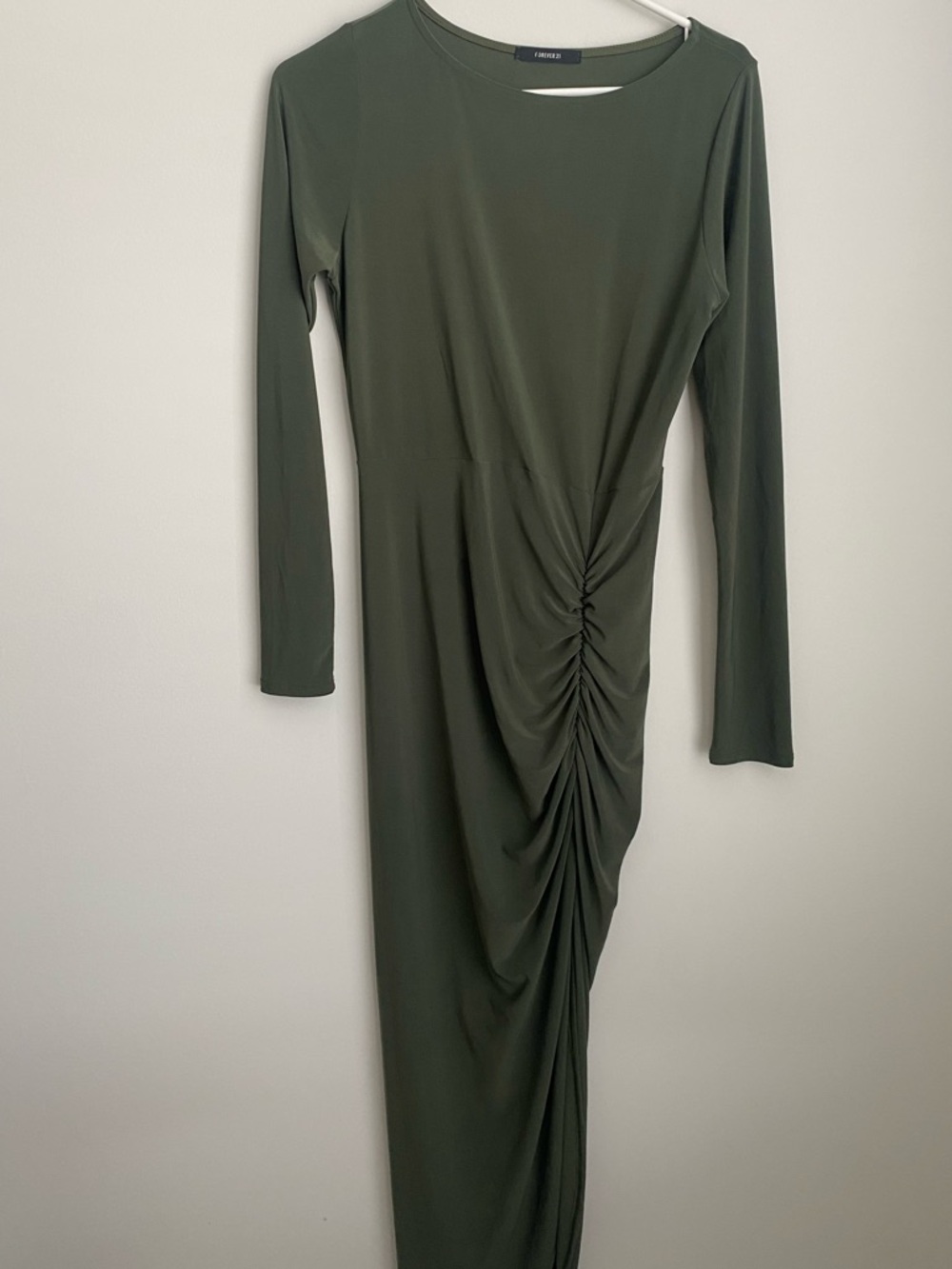 Forever 21 BodyCon Olive Green Long Sleeve Ruched Midi Dress